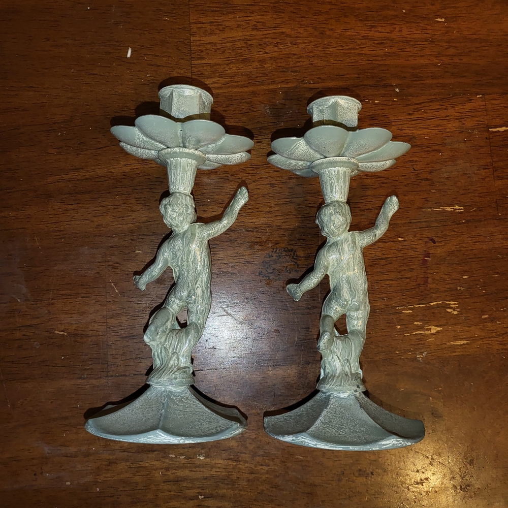 Cherub Mid Century Vintage Pewtur Candle Holders